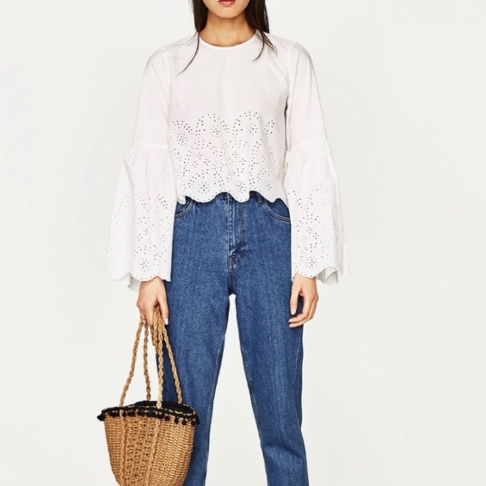 Zara eyelet flare sleeve white top